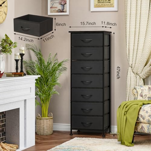 Fixwal Tall Skinny Fabric Dresser with 7 Drawers - Black, 11.8 x 15.7 x 47.2 Inches
