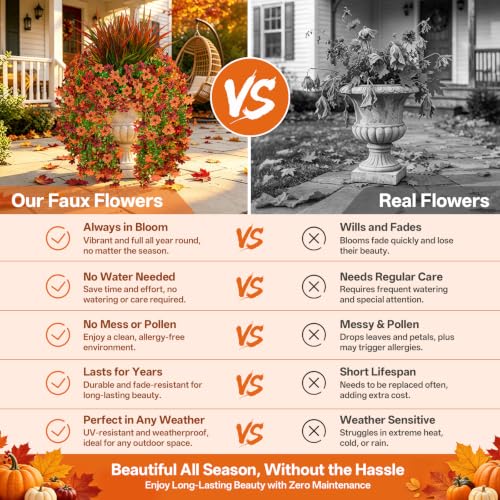Artificial Fall Hanging Flowers - Faux Mums with Grass, Brown Red, 6-Petaled, 7PCS