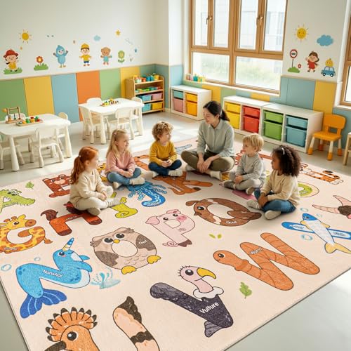 Rezutan 5' x 7' Beige Classroom Alphabet Rug, Washable & Non-Slip Kid's Play Carpet