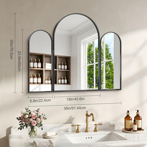 Black 30x36 Inch Tri-Fold Arched Vanity Mirror Wall Mount for Makeup & Hair