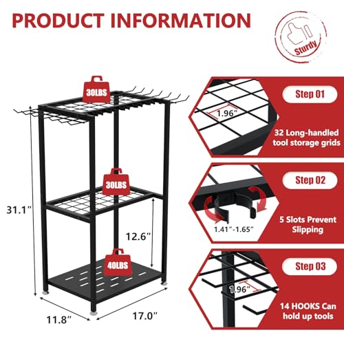 Garden Tool Organizer Stand Black, 3-Tier Metal Yard Rack with 14 Hooks & 50+ Tool Capacity
