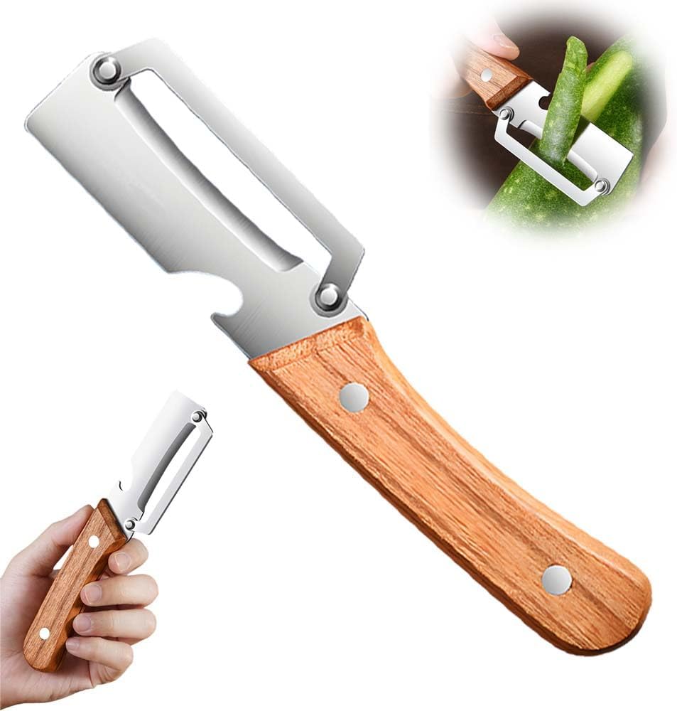 Skiennix Multi-Functional Vegetable Peeler - Stainless Steel With Wooden Handle & Bottle Opener | Ideal Kitchen Tool for Fruits & Vegetables