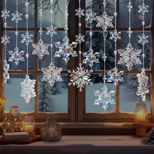 OuMuaMua 12pcs Christmas Crystal Snowflake Ornaments for Christmas Tree Decorations- Iridescent Hanging Acrylic Snowflake Ornaments for Xmas Tree Winter Wonderland Party Decor