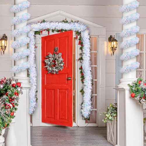 DIYDEC 26.2FT Christmas Tinsel Garland Shiny Iridescent White Garland Christmas Glitter Foil Metallic Twist Hanging Garlands for Xmas Tree Fireplace Home Party Decoration