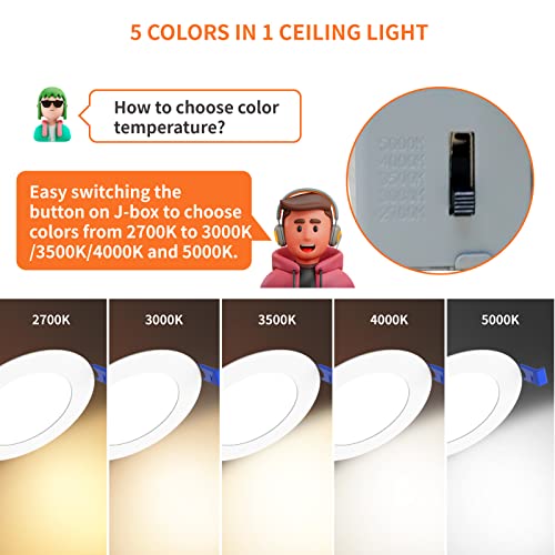 6 Inch LED Recessed Downlight Kit - 5CCT Adjustable Canless Wafer Light