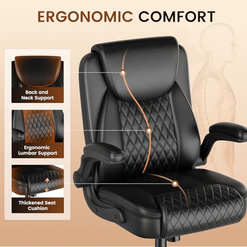 GTPLAYER Charcoal Black PU Leather Office Chair with Flip-up Arms, Ergonomic Home Desk Chair