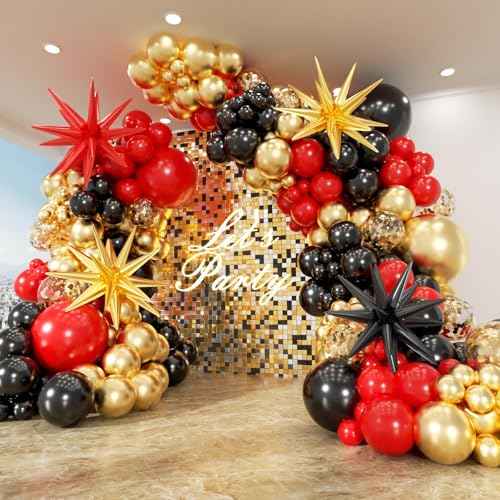 153Pcs Red and Black Gold Balloons Garland Arch Kit with Stars - 22 18 12 10 5 inch Different Latex Balloons for Anniversary Casino Night Hollywood New Years Movie Night Prom Party Decorations