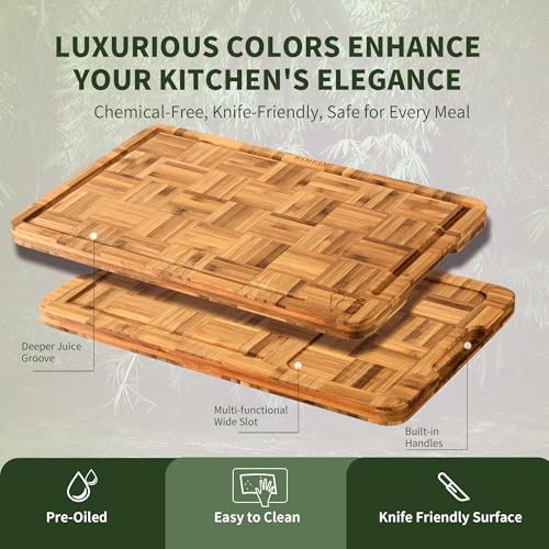 BAMBANG End Grain Bamboo Cutting Boards Set of 3 with Juice Groove & Stand