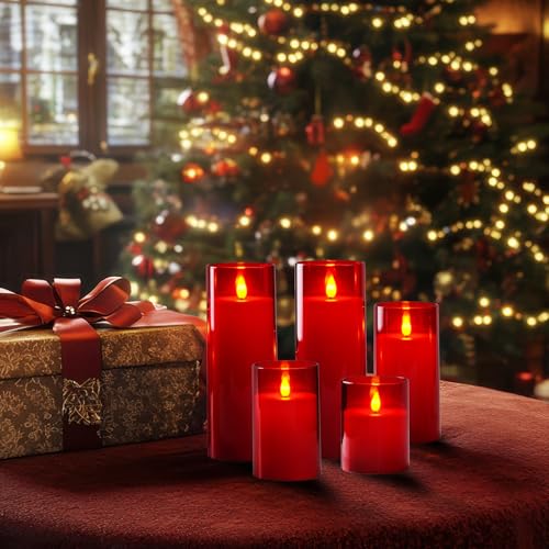 Homemory Red Flickering Flameless Candles, Battery LED Pillar Set of 5 with Remote & Timer (Red, 3in x 4in, 5/6/8/8in)