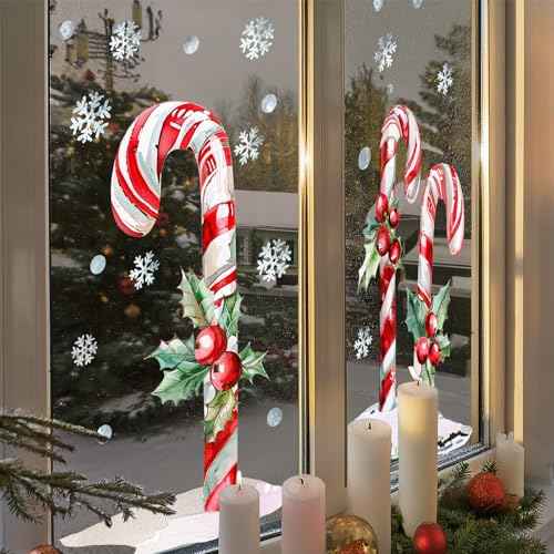 Christmas Window Clings Decor, 2 Sheets Extra Large Candy Cane Window Clings with Red Berry and Holly Leaves, Rustic Candy Snowflakes Xmas Window Stickers for Home Office Holiday Party D?cor