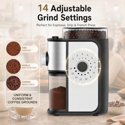 Electric Flat Burr Coffee Grinder with 14 Settings & 7oz Hopper - Shiny Silver & Black