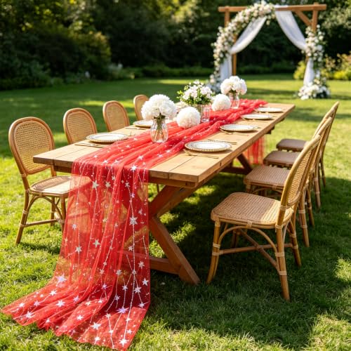 ShinyBeauty 28x120 Inch Red Iridescent Star Gauze Table Runner for Christmas & Holiday Decor