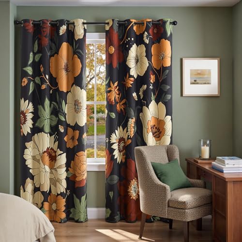 jinchan Black Boho Floral Blackout Curtains 84 Inch Grommet 2 Panels