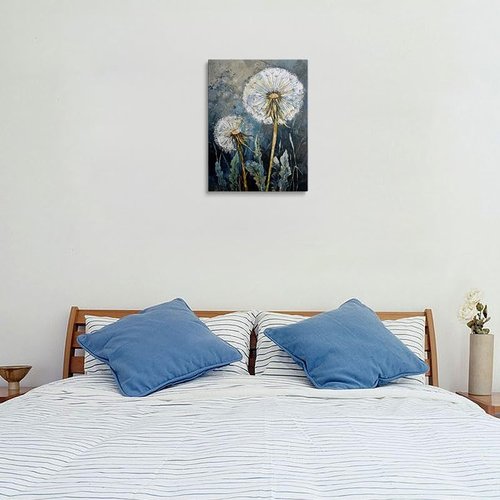 Dandelion Canvas Wall Art - Framed Wildflower Botanical Painting | Serene Blue Gray Rustic Decor, 12x16 Inches