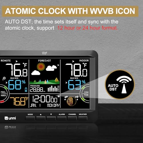 Wireless Indoor Outdoor Weather Station Thermometer Atomic Clock Black - Unni