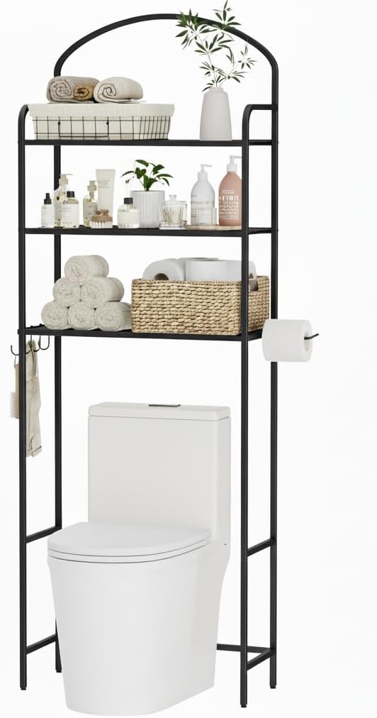 Skiennix Over The Toilet Storage Rack - 3-Tier Bathroom Organizer with Hooks & Paper Holder - Black Metal Shelf
