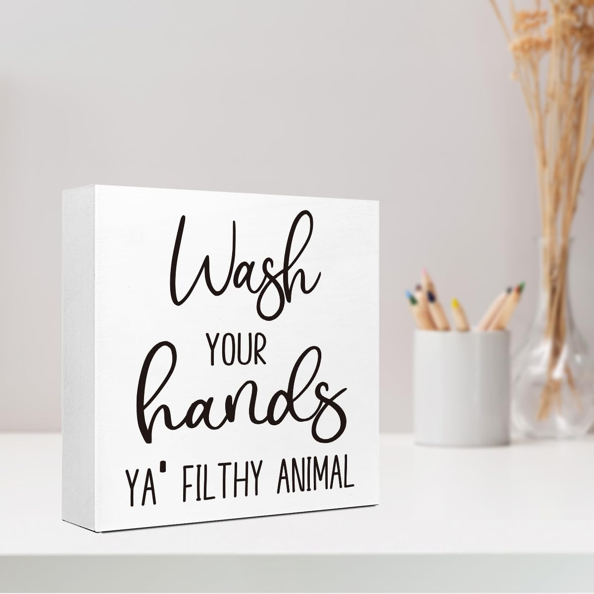 LVQHI Funny Wash Your Hands Sign - Rustic Bathroom Decor for Shelves & Tabletops