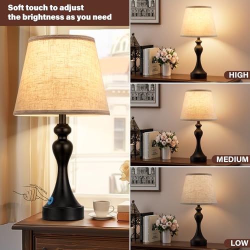Beige Shade & Black Base Touch Nightstand Lamps Set of 2 with USB-C & A Ports