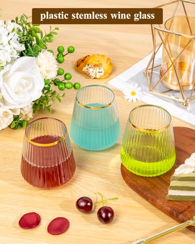 Clear & Gold 36 Pack 12oz Stemless Plastic Wine Glasses - Ribbed, BPA-Free Disposable