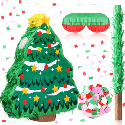 Christmas Tree Piñata Decorations 16in Kit with Stick, Confetti & Blindfold – Red & Green