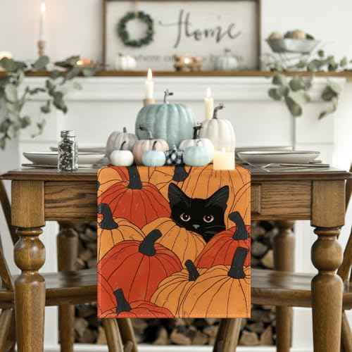 Artoid Mode Pumpkins Black Cat Fall Table Runner, Seasonal Autumn Kitchen Dining Table Decoration for Home Party Decor 13x48 Inch