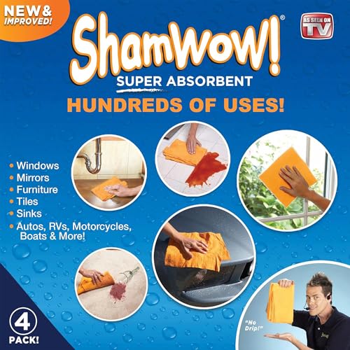 Orange ShamWow Shammy Cloth 4-Pack - Super Absorbent Kitchen & Cleaning Towels