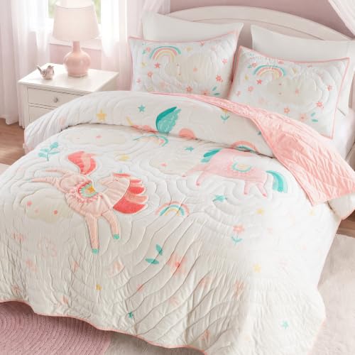 Kids Unicorn Pink Quilt Set 3pc Full/Queen Girls Bedding with Whimsical Tassels