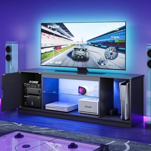 Bestier 57-Inch Black Carbon Fiber LED TV Stand with RGB Lighting & Adjustable Shelves