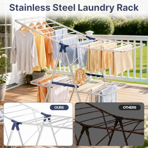 KINGBOARD Large Dark Blue Stainless Steel 2-Tier Foldable Clothes Drying Rack, 57" Max Height
