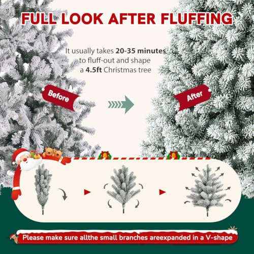 NEWBULIG 4.5 Ft Pre-Lit Snow Flocked Christmas Tree, 8-Mode LED Lights