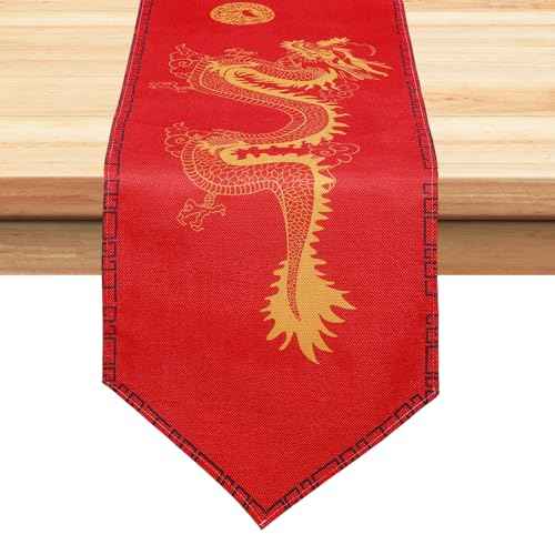 2 Pcs Chinese Dragon Printed Table Runner 13x72Inch China New Year Decorations Red Table Cover for Spring Festival Kitchen Dining Tables Decoration Asian Party Decoration