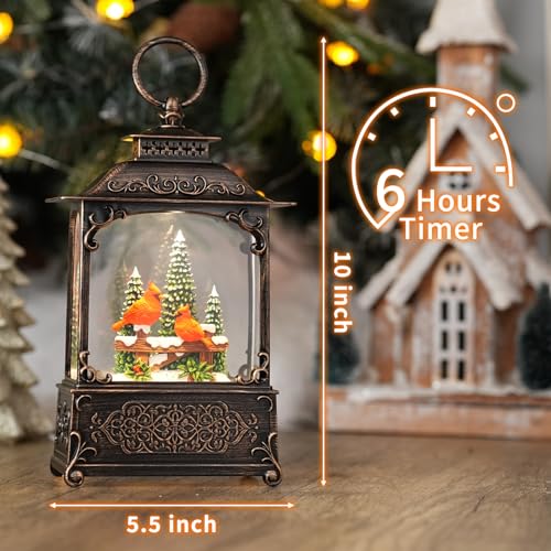 Red Cardinals Bird Snow Globe with Music - USB/Battery Operated Glitter Glass Dome