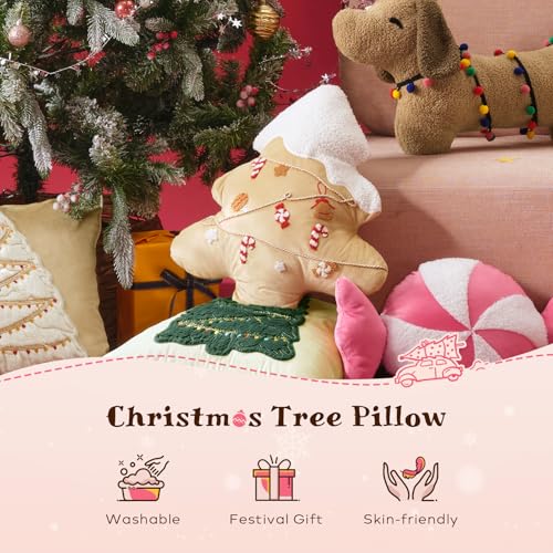 Beige Ashler Christmas Tree-Shaped Pillow with Embroidery, 19x17 Inches