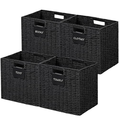 UBBCARE 4-Pack Black Wicker Storage Baskets 13x13 Inches Foldable Handles