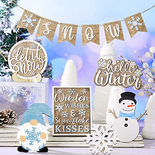 Qunclay 12 Pcs Snowman Winter Tiered Tray Decor Wood Signs - Christmas Style