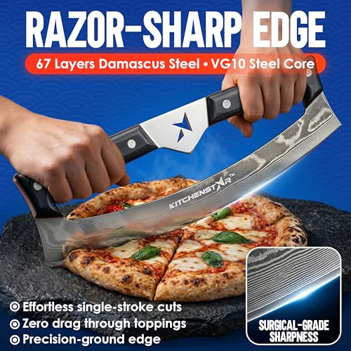 Gray 16-Inch KitchenStar Rocker Pizza Cutter with Damascus Steel Blade & Leather Sheath