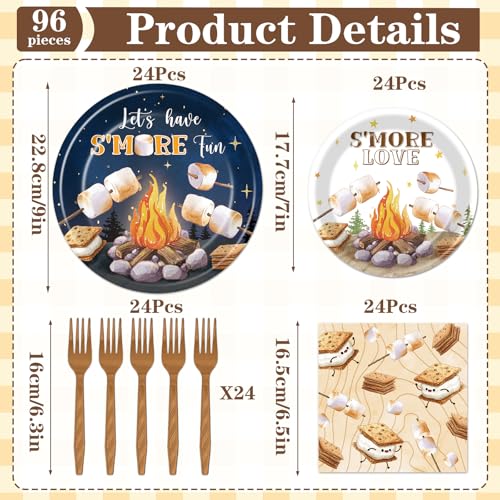 Deorfuy Smores Camping Party Supplies - Disposable Plates Napkins & Forks for 24 Guests