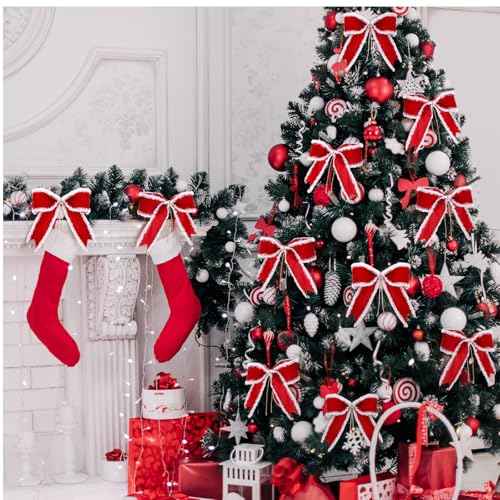WILLBOND 12 Pcs Red Christmas Bows with White Fluffy Edges 4 x 4 Inch Tree Topper Ornaments Christmas Gifts Wrapping Bows for Xmas Wreath Door Rustic Farmhouse Decoration