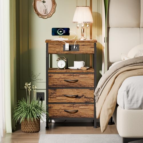Furnulem Rustic Brown 3-Drawer Nightstand with Charging Station - Bedside Table