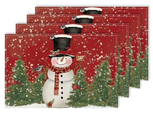 HiUCUS 12 x 18 inch Christmas Placemats Set of 4 – Snowman Cardinals Trees