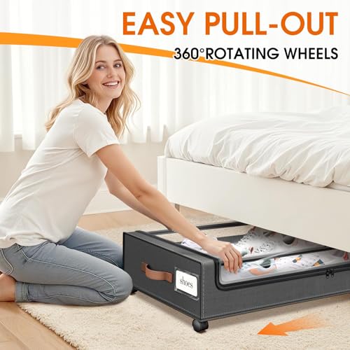 Under Bed Storage Containers with Wheels - 2 Pack Dark Grey with Clear Window