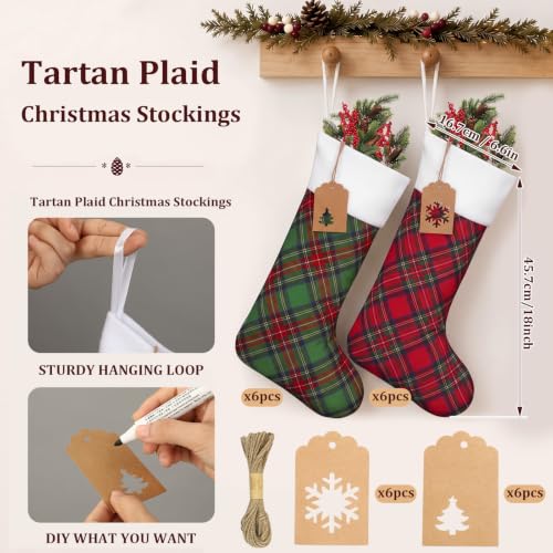 Twistover 12 Large Christmas Stockings Bulk Set Red Green Tartan Plaid, Variation: Red Green / 12