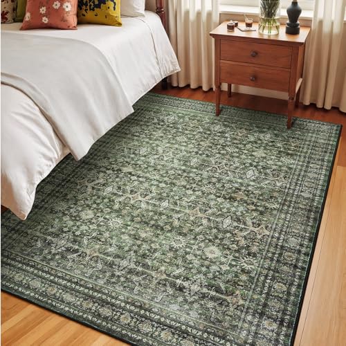 Green 5x7 Washable Non-Slip Area Rug for Living Room & Bedroom - Lofus
