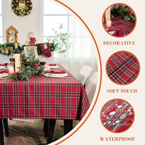 LOSIVISHE Christmas Plaid 144" x 60" Waterproof Tablecloth - Red Check Holiday Table Cover