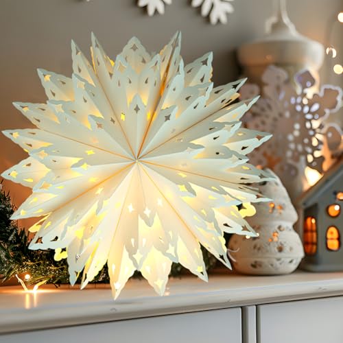 OuMuaMua White 5-Pack Paper Snowflake Lanterns with Lights (5 Designs) Remote-Controlled