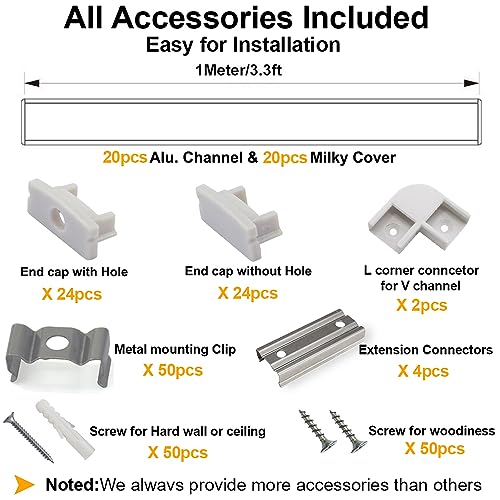 20-Pack 3.3ft Aluminum LED Channel System with Milky Cover & Accessories