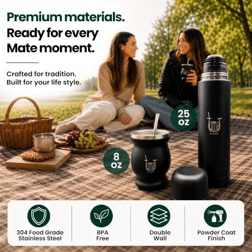 Black TUMA TU MATE Yerba Mate Kit with Thermo, Cup, Bombilla & AutoMate System