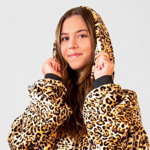 Carstens Premium Leopard Print Hooded Blanket Hoodie for Adults, Wearable Throw with Pockets & Sleeves