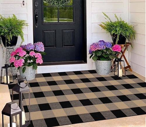 Khaki Black Buffalo Plaid Outdoor Rug 3'x5' Farmhouse Door Mat - Washable, Durable Welcome Mat