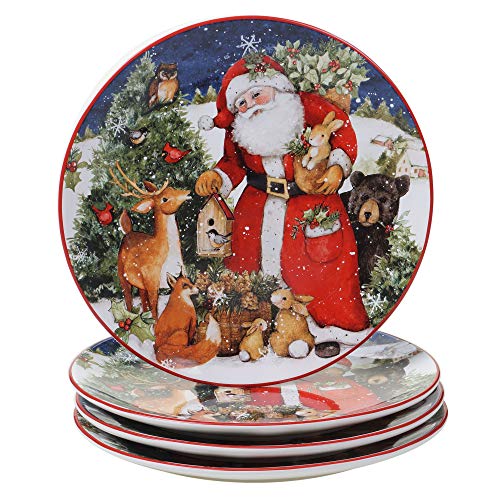Large Certified International Magic of Christmas 11" Ceramic Dinner Plates Set of 4 - Festive Santa & Woodland Scenes, Dishwasher & Microwave Safe